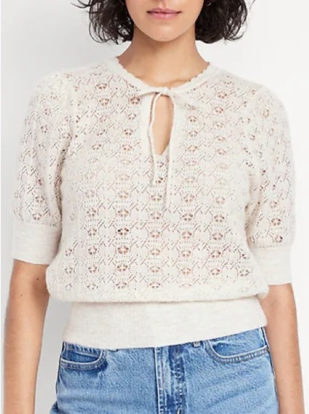 Old Navy Pointelle Lace Knit Wool Blend Short Sleeve Tie Neck Sweater Top Oat M